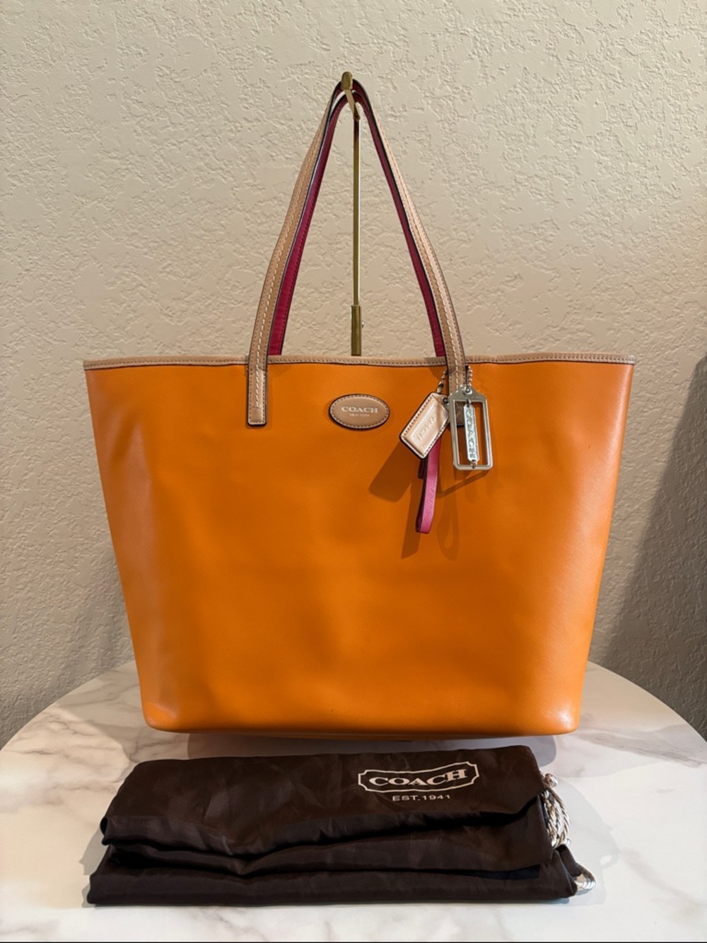 COACH Orange Leather Tote with Tan Trim